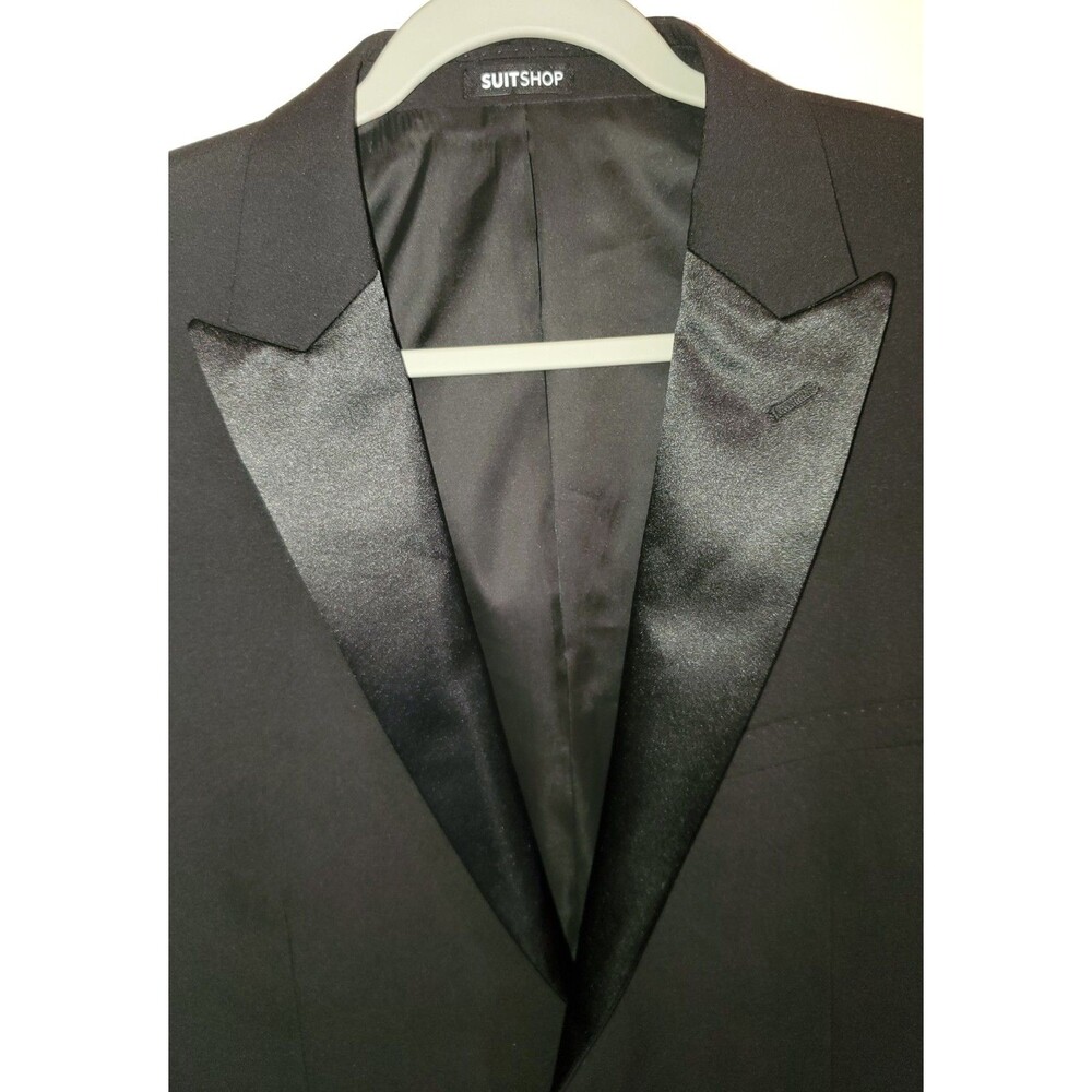 SuitShop Black Peak Lapel Tuxedo Jacket 44R NWT Slim Fit PKTXSJ44R-S Tux - Picture 2 of 16